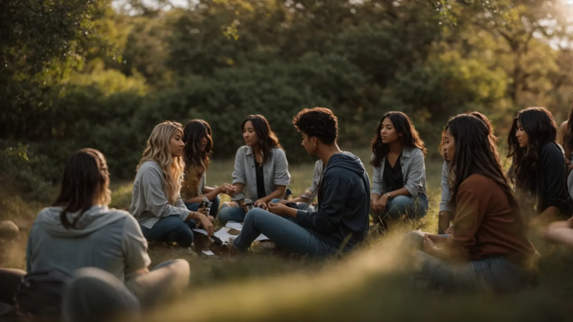 a group of individuals engaging in mindset coaching exercises in a serene outdoor setting.