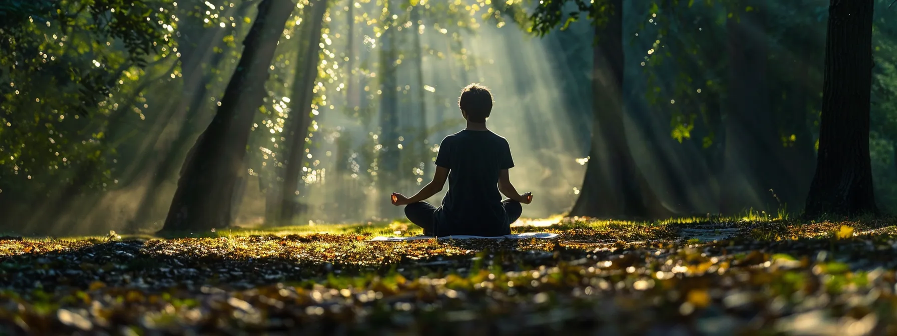 a person meditating in a peaceful natural setting, surrounded by trees and sunlight shining through the leaves.