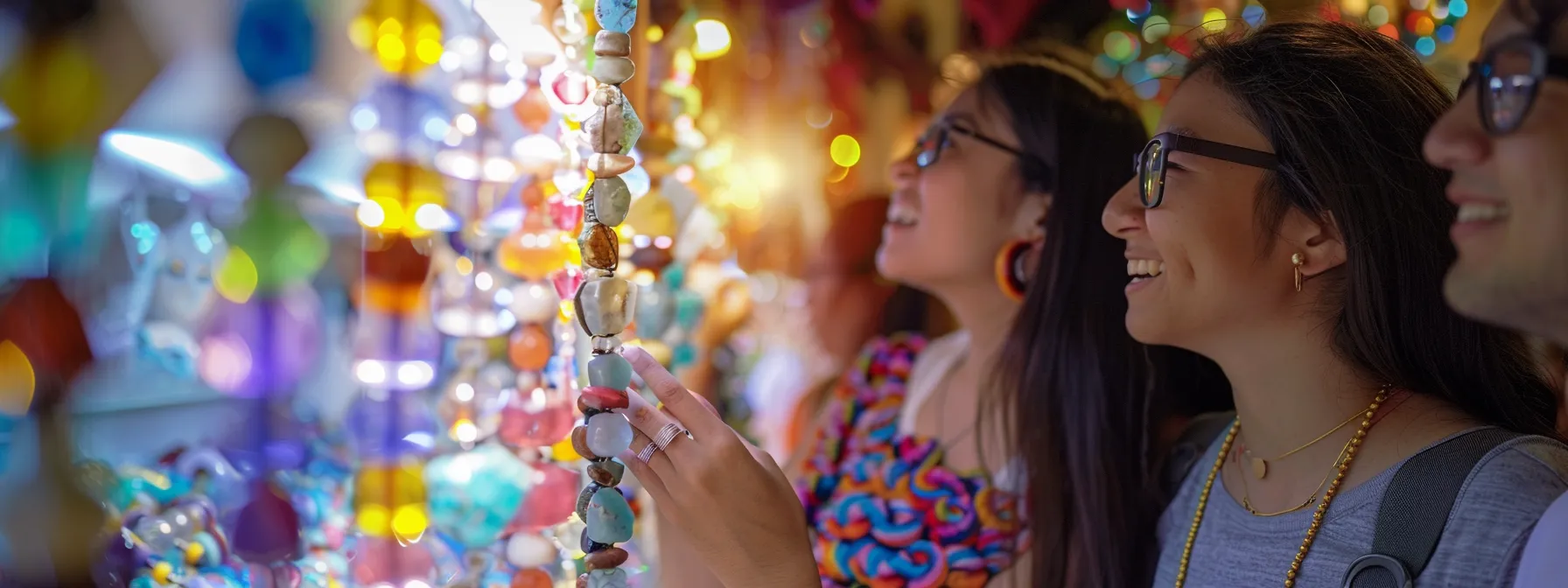 a group of people admiring a display of colorful gemstone bracelets, connecting with the artisans who created them.