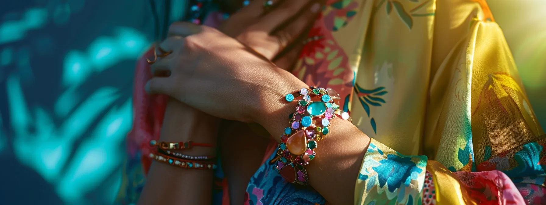 a person wearing a bright gemstone bracelet with a light fabric outfit in the summer sun.