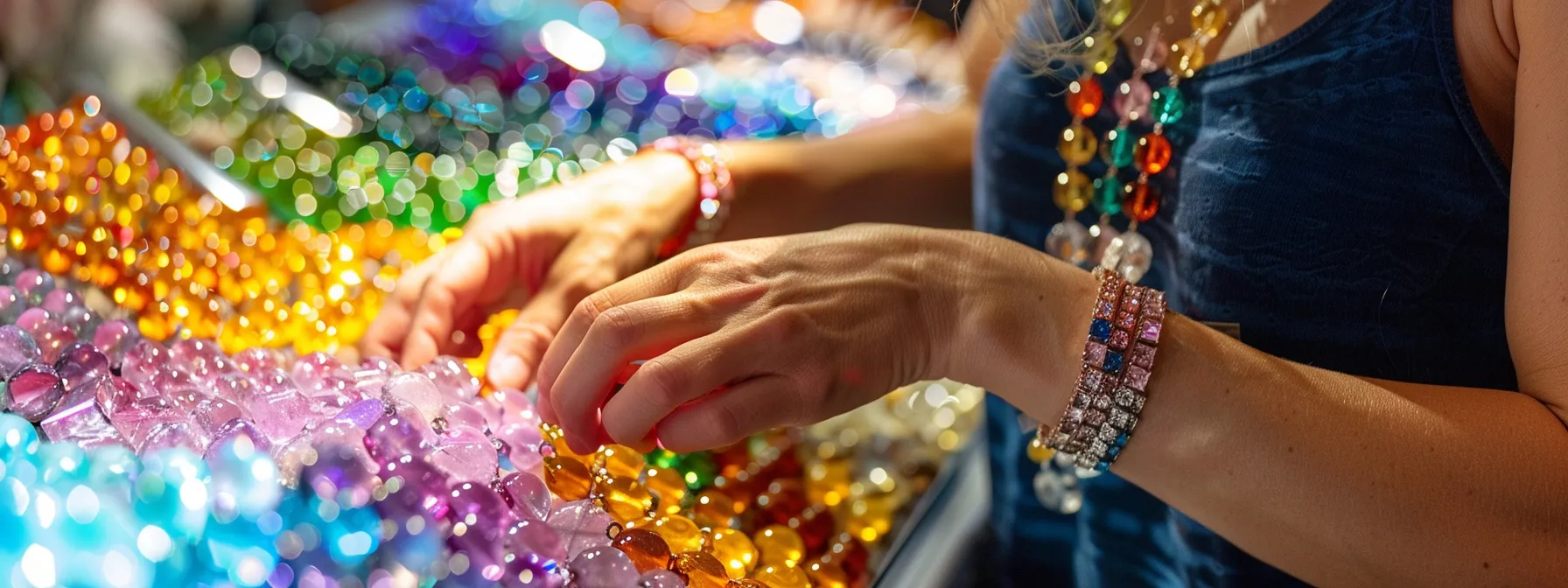 a woman selecting a gemstone bracelet from a display of colorful options.