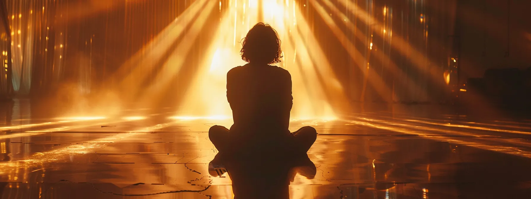 a person sitting in deep reflection, surrounded by rays of light symbolizing transformation.