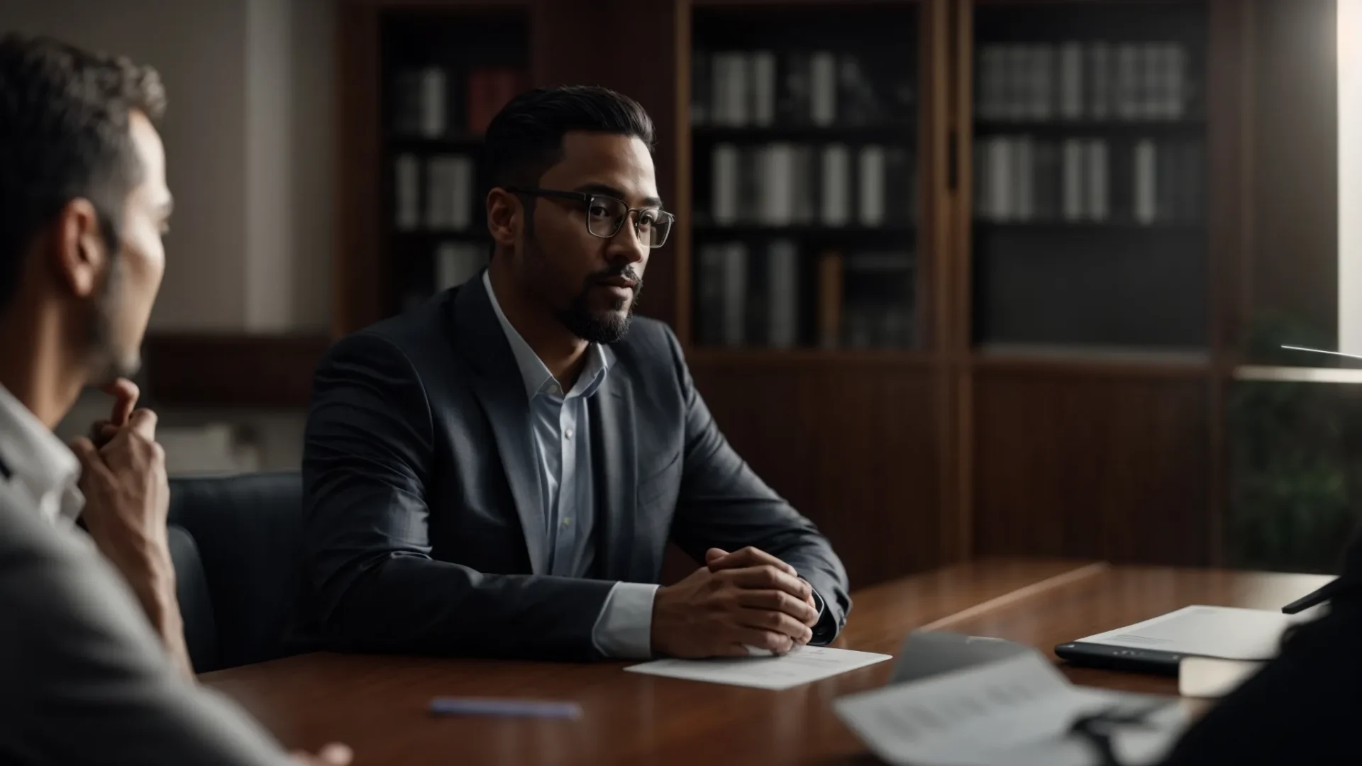 a professional in a business meeting confidently leading a discussion with colleagues.