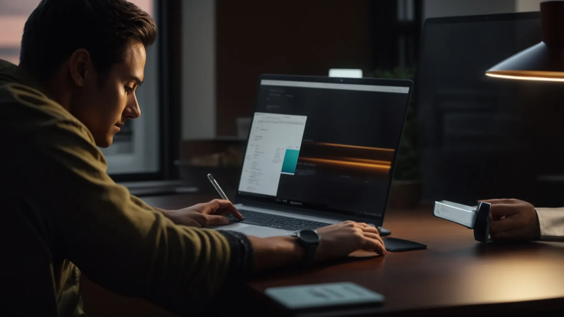 a coach sitting at a desk, using a laptop with goal-setting software interface, discussing with a client.