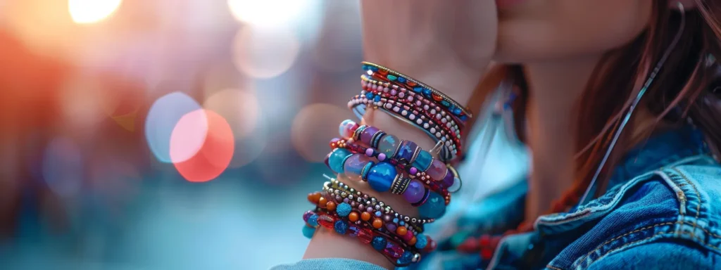 a woman's wrist adorned with a stack of colorful gemstone bracelets, coordinating perfectly with her stylish outfit.