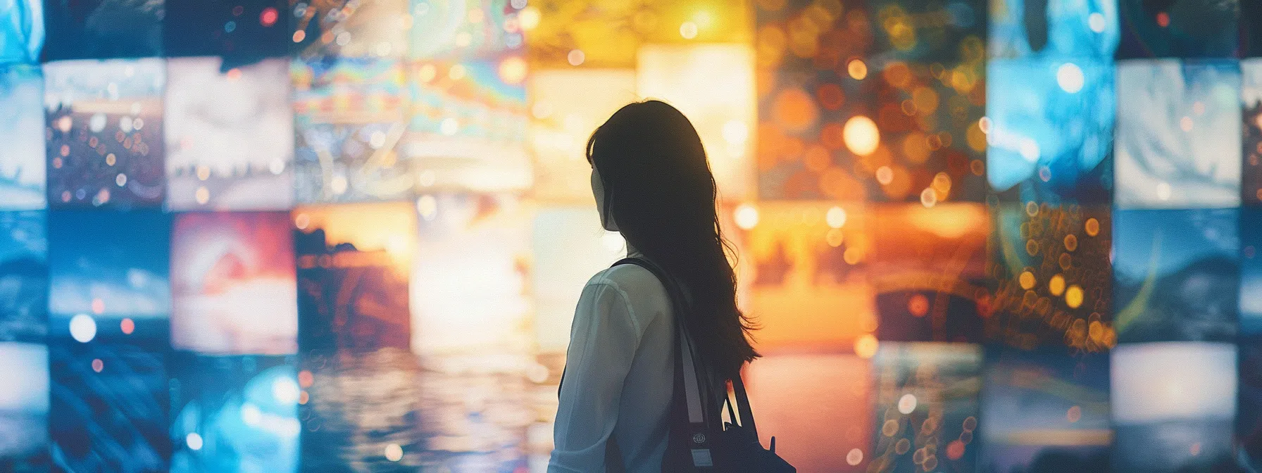 a person standing in front of a vision board with inspiring words and images.