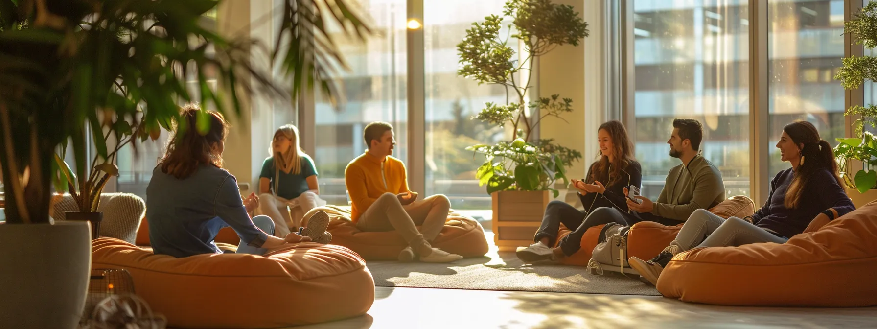 a group of people practicing psych-k techniques in a serene, modern office space.