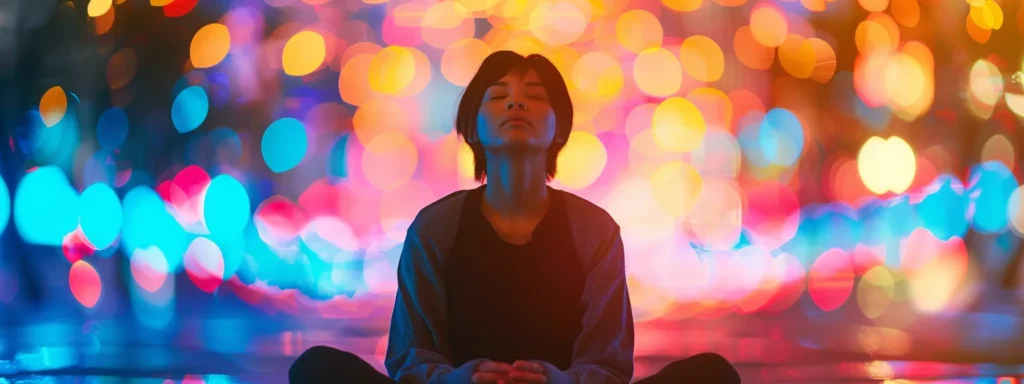 a person sitting cross-legged with eyes closed, surrounded by colorful lights and an aura of tranquility and focus.