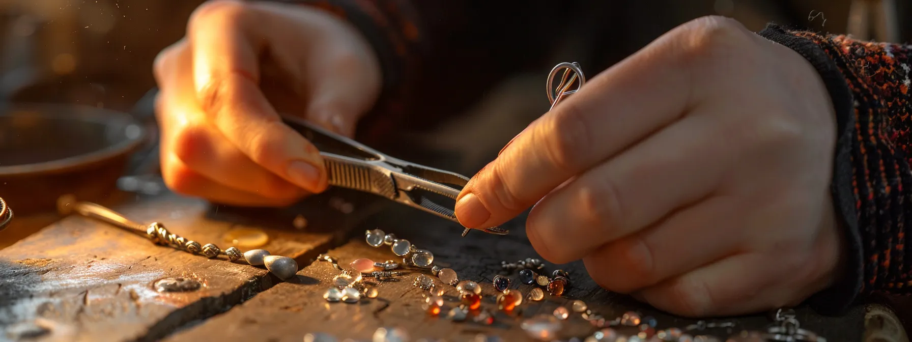 a hand holding pliers and wire cutters next to a gemstone bracelet for repairs.