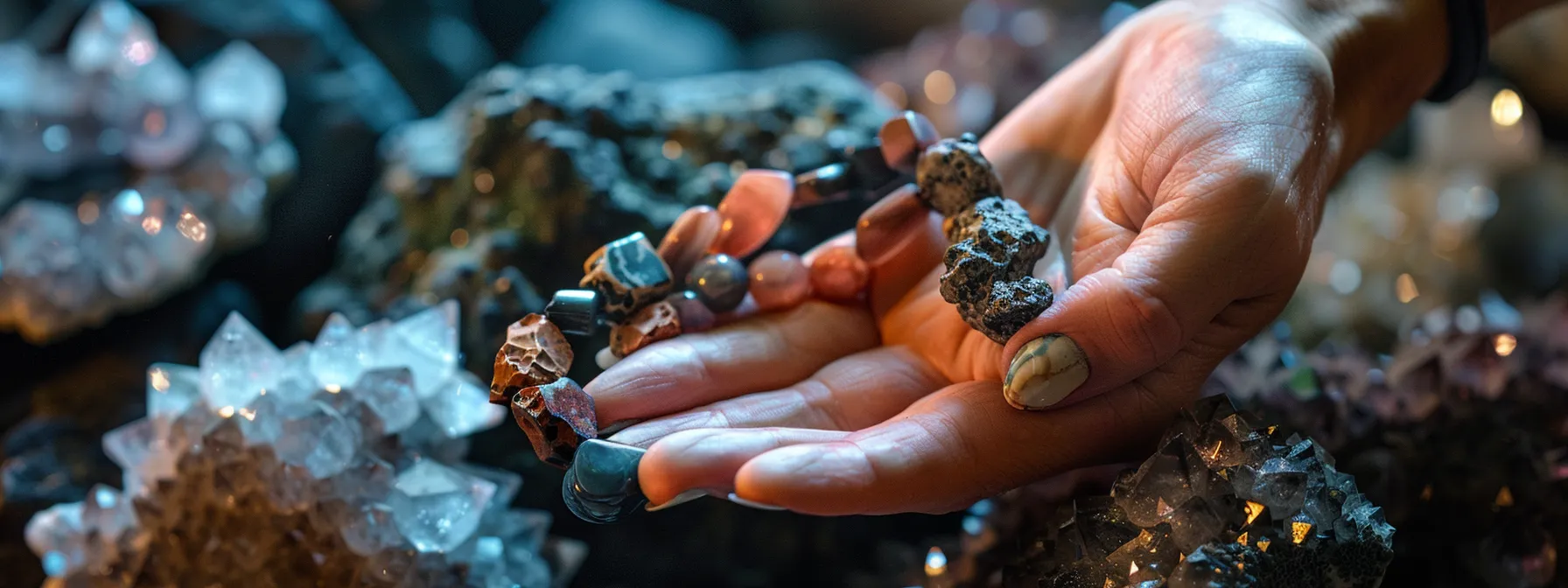 a hand holding a red jasper stone bracelet, surrounded by obsidian and hematite stones.