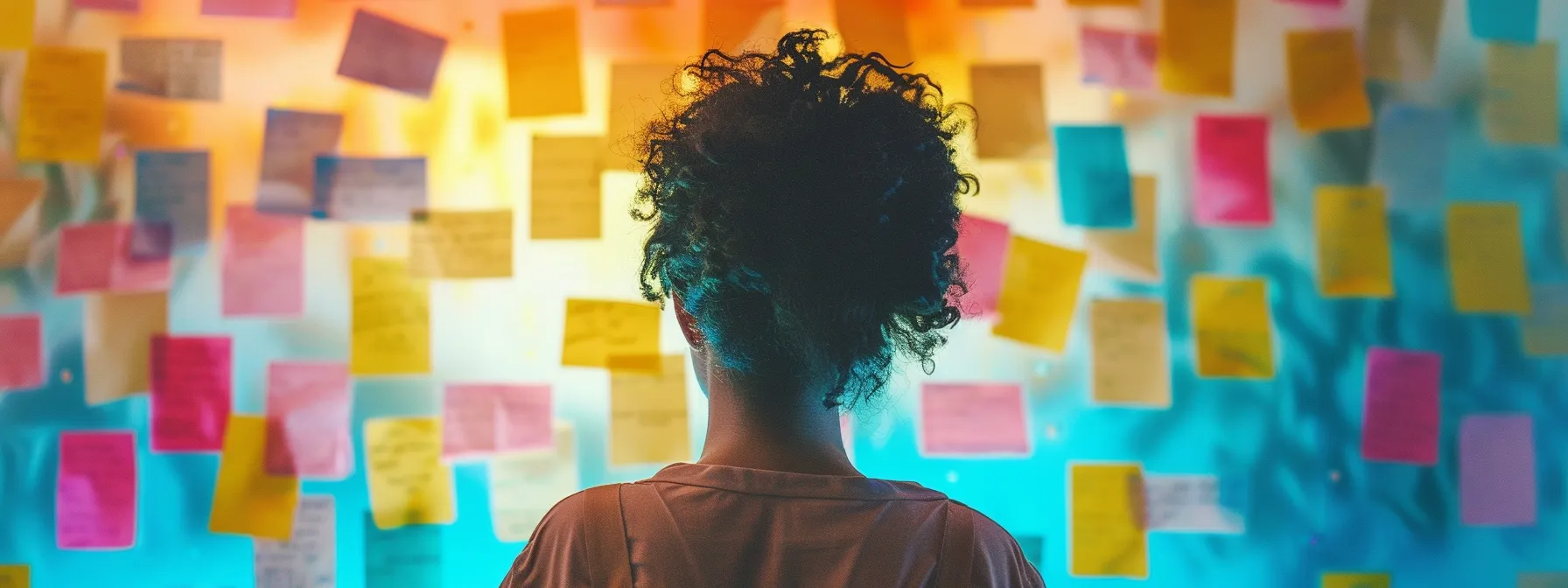 a person surrounded by colorful affirmations and visualizing their goals.