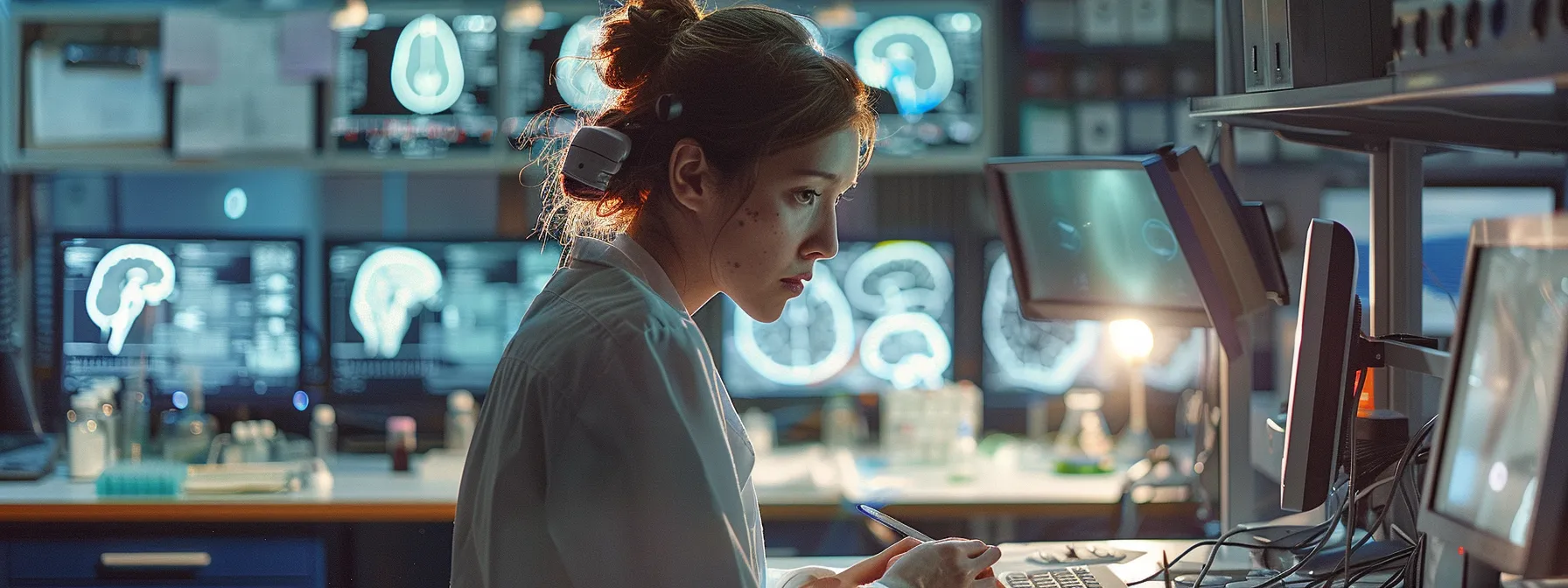 a person standing in a laboratory, examining brain scans and scientific equipment with a look of curiosity and wonder on their face.