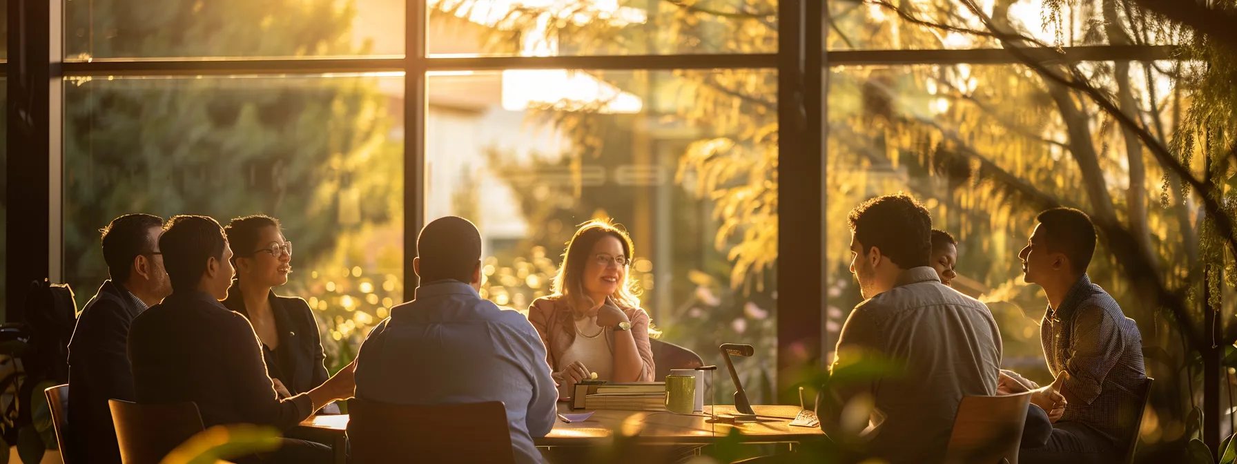 a group of business leaders engaged in a mindful coaching session, discussing strategies to enhance their leadership skills and improve team dynamics.