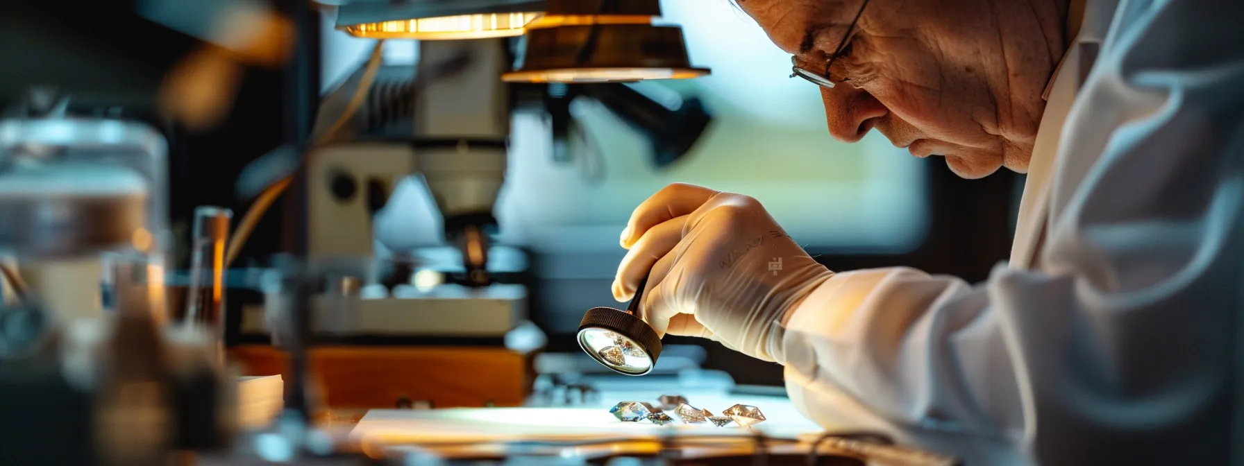 a person using a loupe to examine a gemstone in a well-lit workspace.