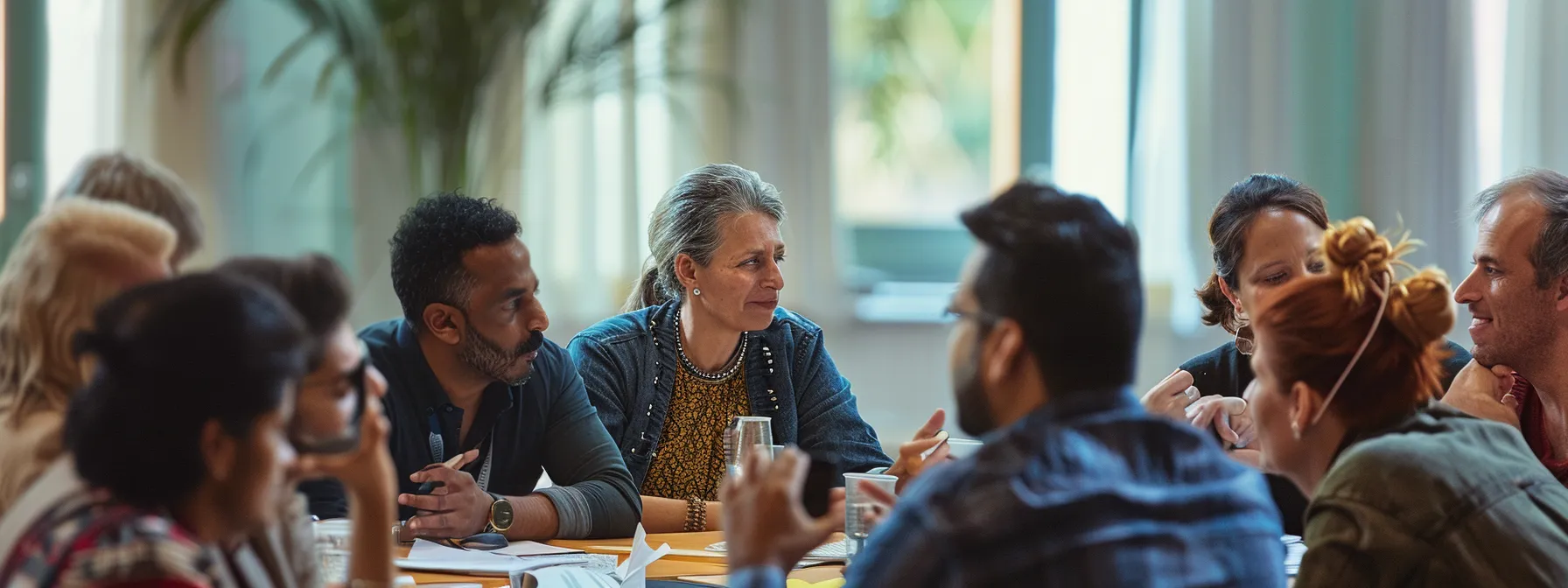 a group of diverse people engaged in a workshop activity, exchanging experiences and supporting each other's growth.