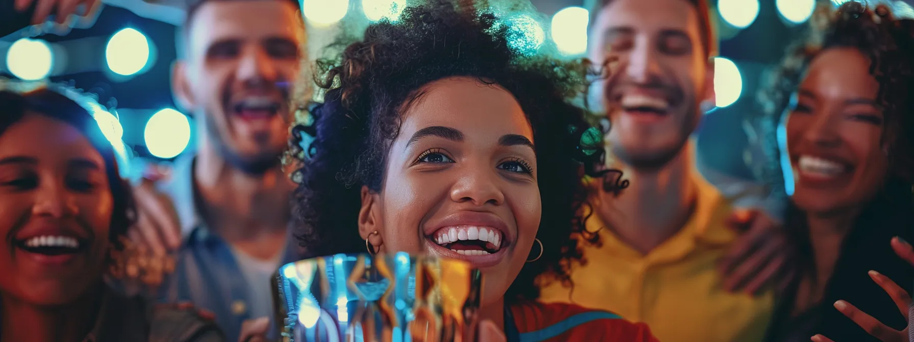 a person smiling confidently and holding a trophy, surrounded by supportive friends and family.