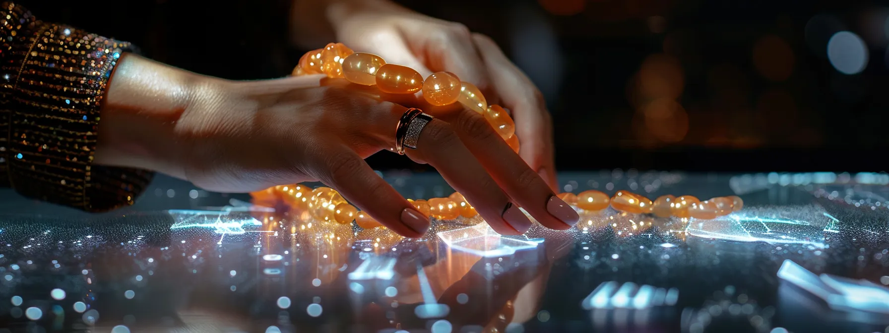 a person selecting a unique natural stone bracelet design on a futuristic digital interface.