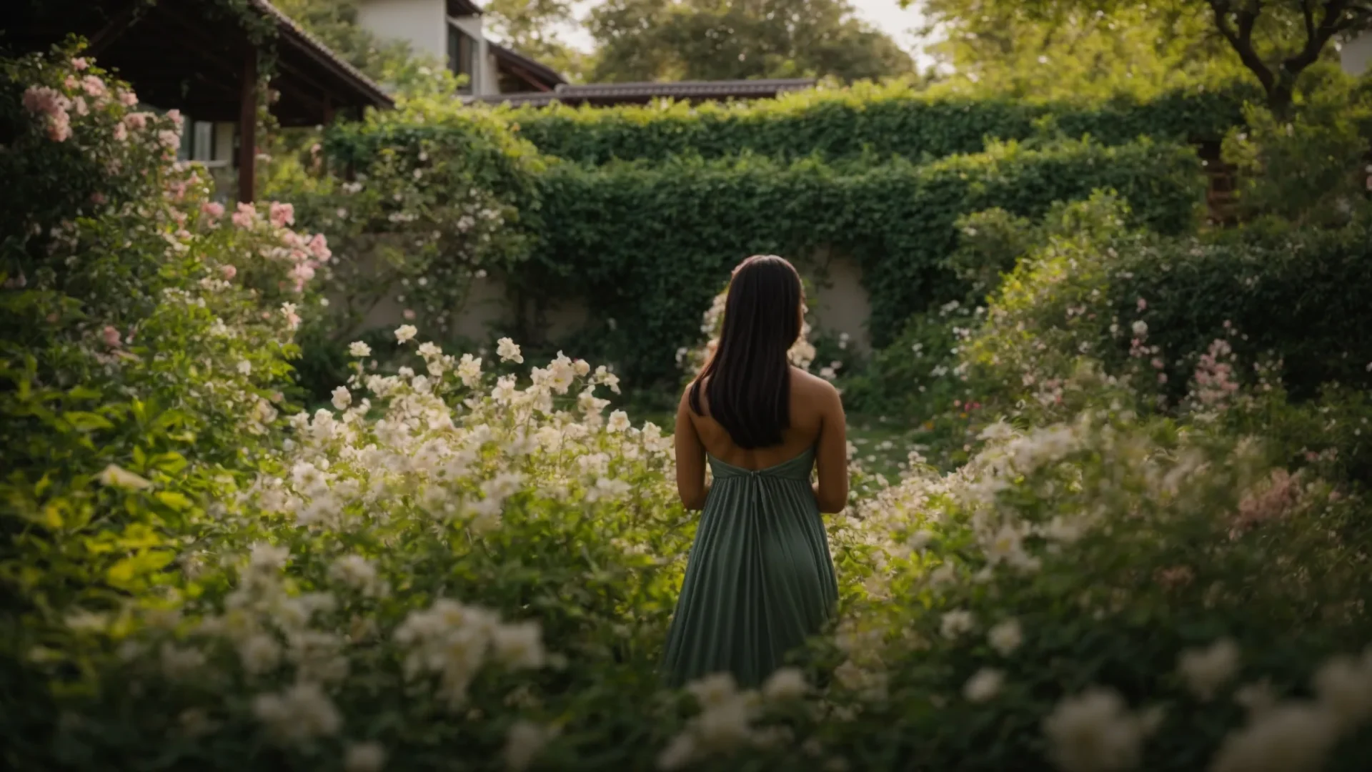 a person stands in a peaceful garden, surrounded by blooming flowers and lush greenery, with a serene expression on their face as they meditate.