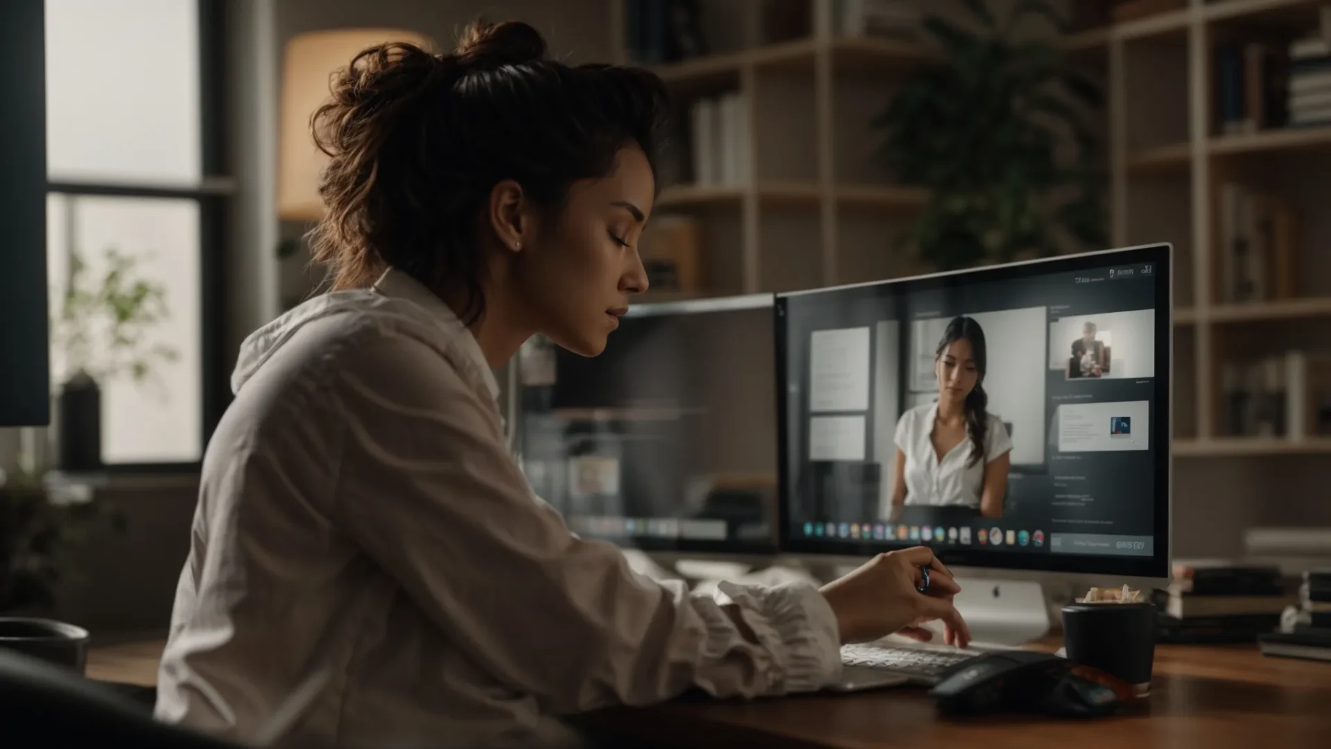 a person sitting at a desk, looking at a computer screen with a list of certified life coaches and their areas of specialization displayed.