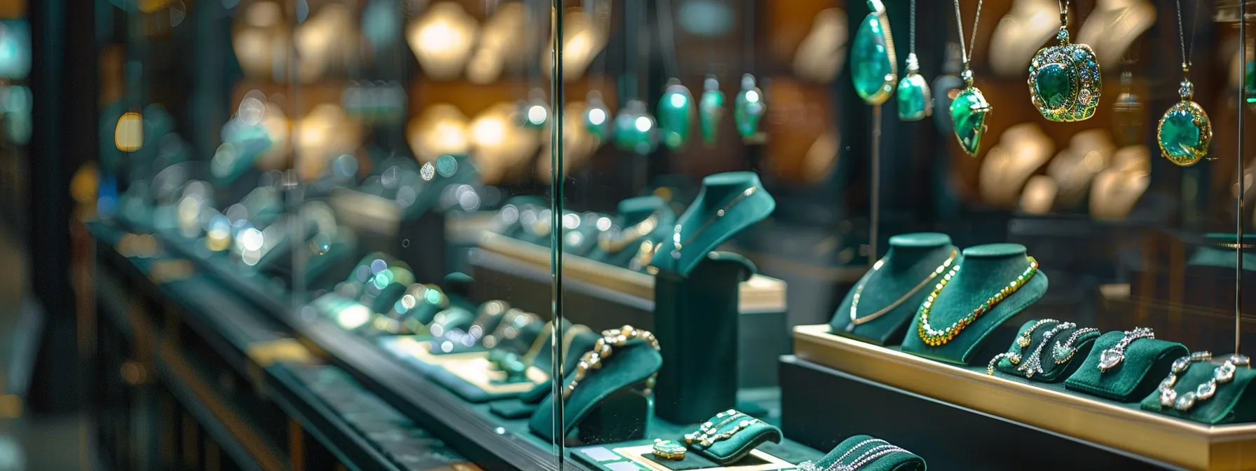 a display of beautiful fair trade gemstone jewelry in a well-lit showcase.