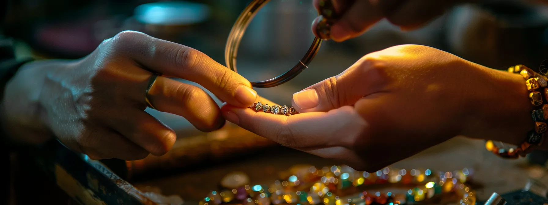 a person inspecting a gemstone bracelet for signs of wear and tear.