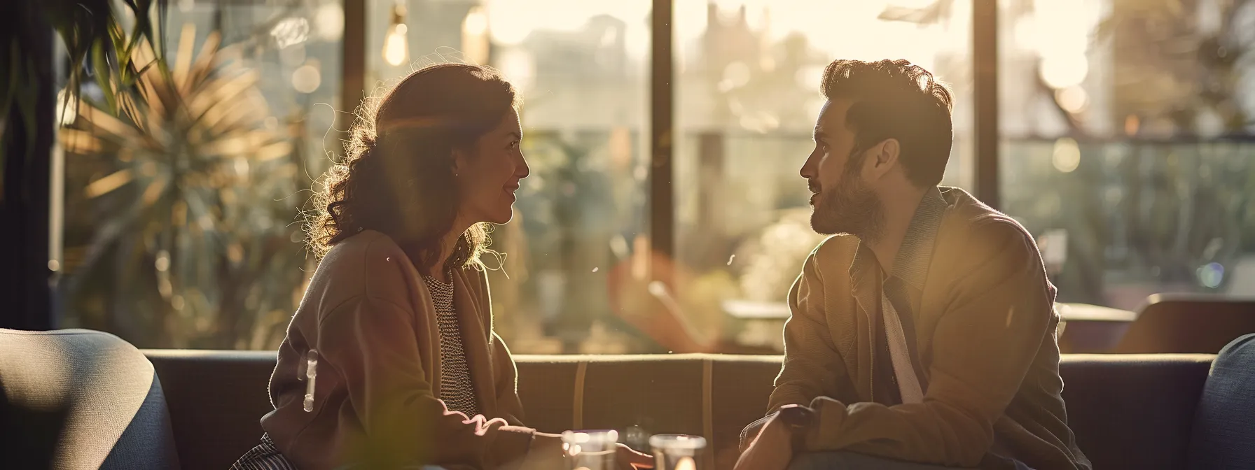 a couple sitting together, engaging in a deep and thoughtful conversation, surrounded by a peaceful and serene environment.