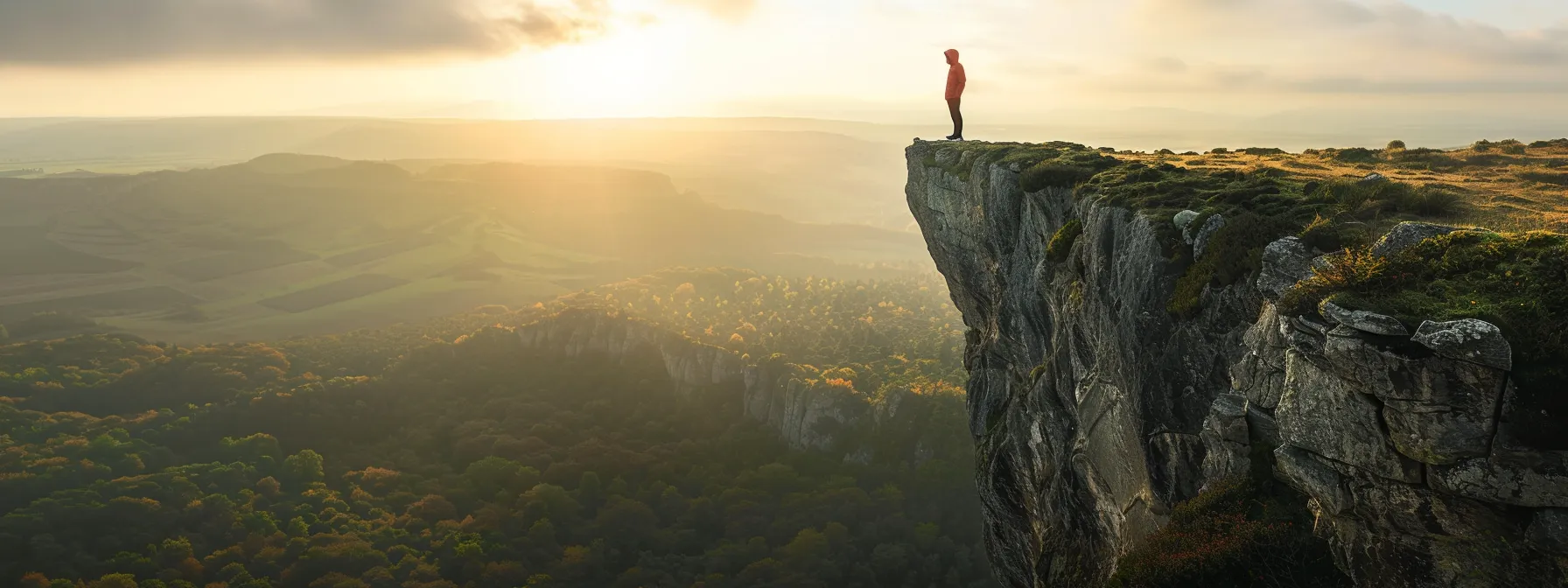 a person standing on the edge of a cliff, looking out at a vast landscape with determination and focus.