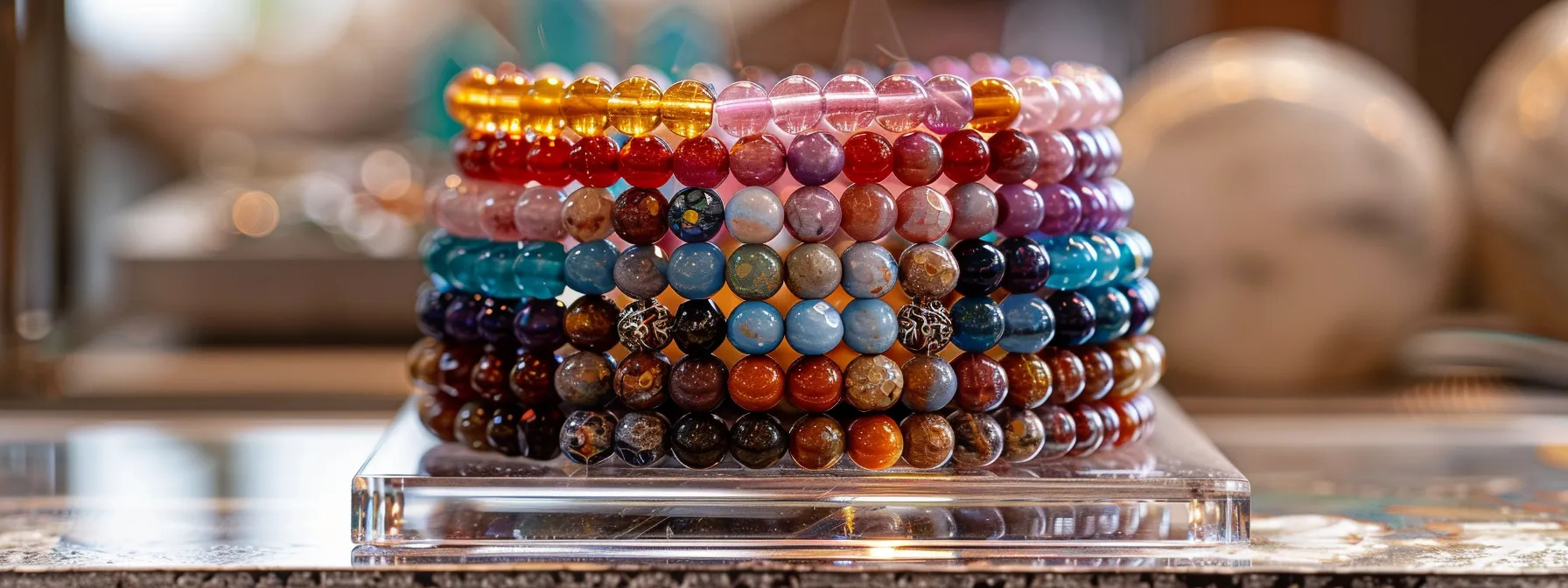 a stack of colorful natural stone bracelets displayed on a sleek, modern jewelry stand.