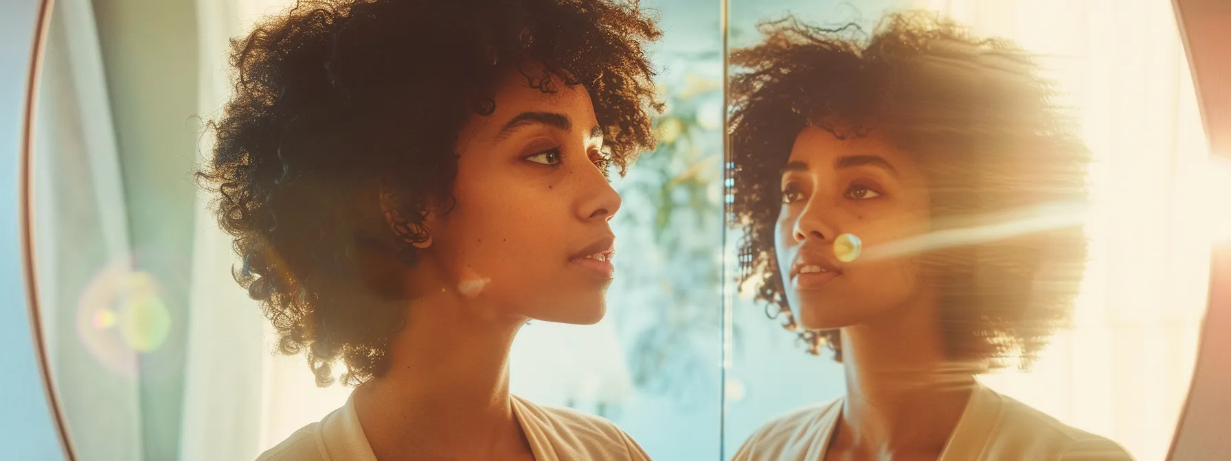 a person standing confidently in front of a mirror, looking determined and empowered.