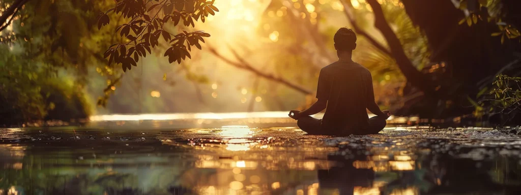 a person sitting peacefully in a serene natural setting, looking introspective and content.