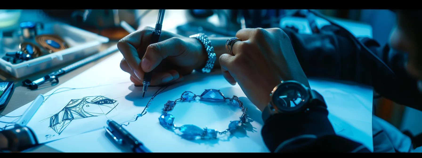 a person sketching initial design ideas for a personalized birthstone bracelet.