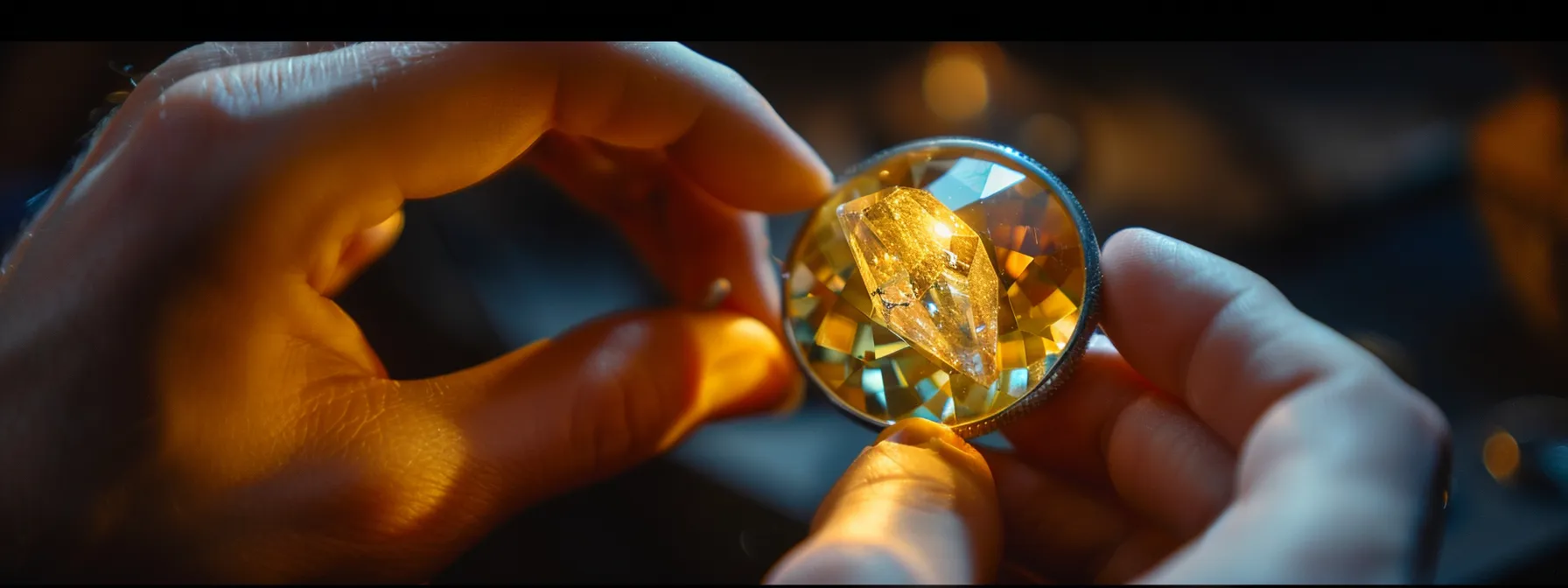 a person using a loupe to inspect a gemstone closely.