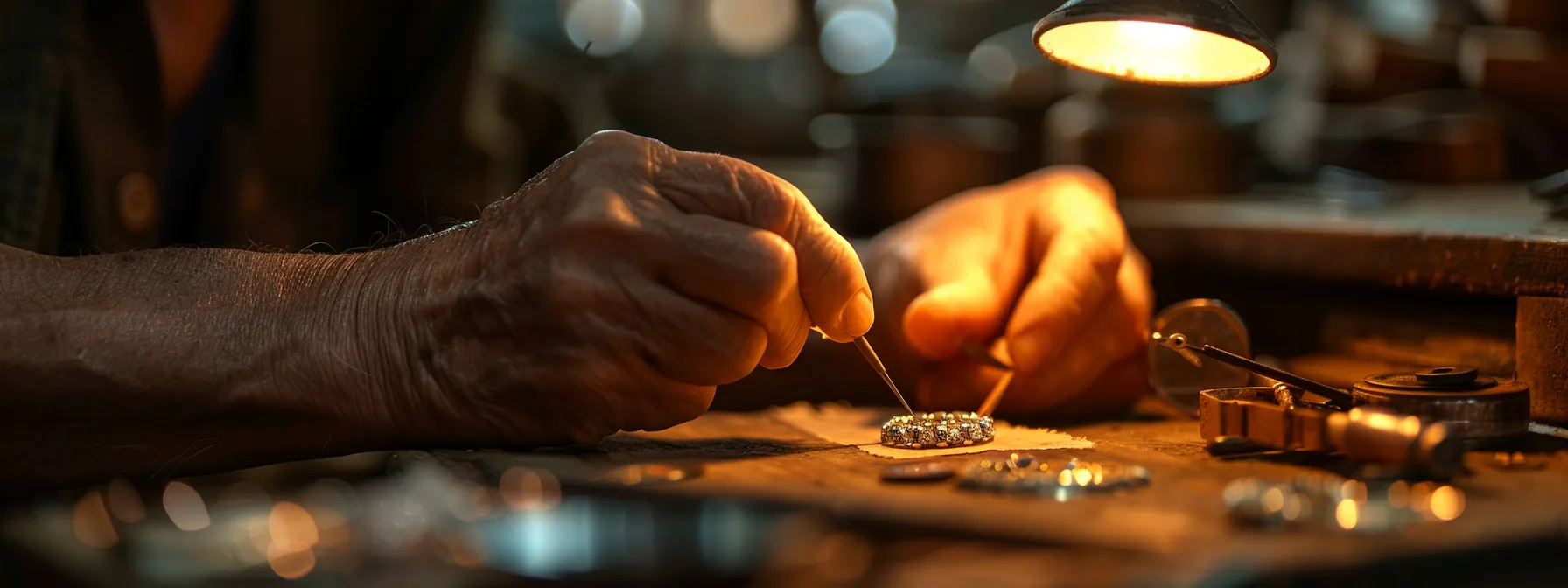 a jeweler carefully examines and repairs a damaged gemstone bracelet.