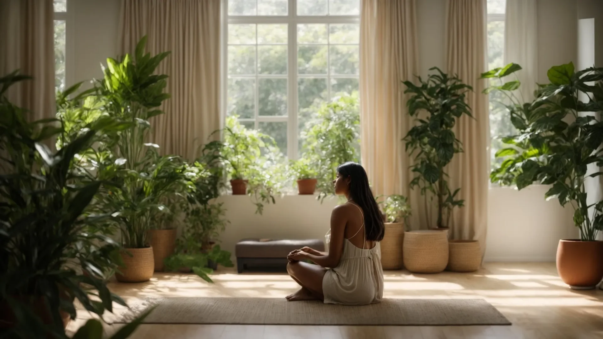 a person sitting in a peaceful and serene room surrounded by plants and natural light, practicing deep breathing exercises and mindfulness techniques.