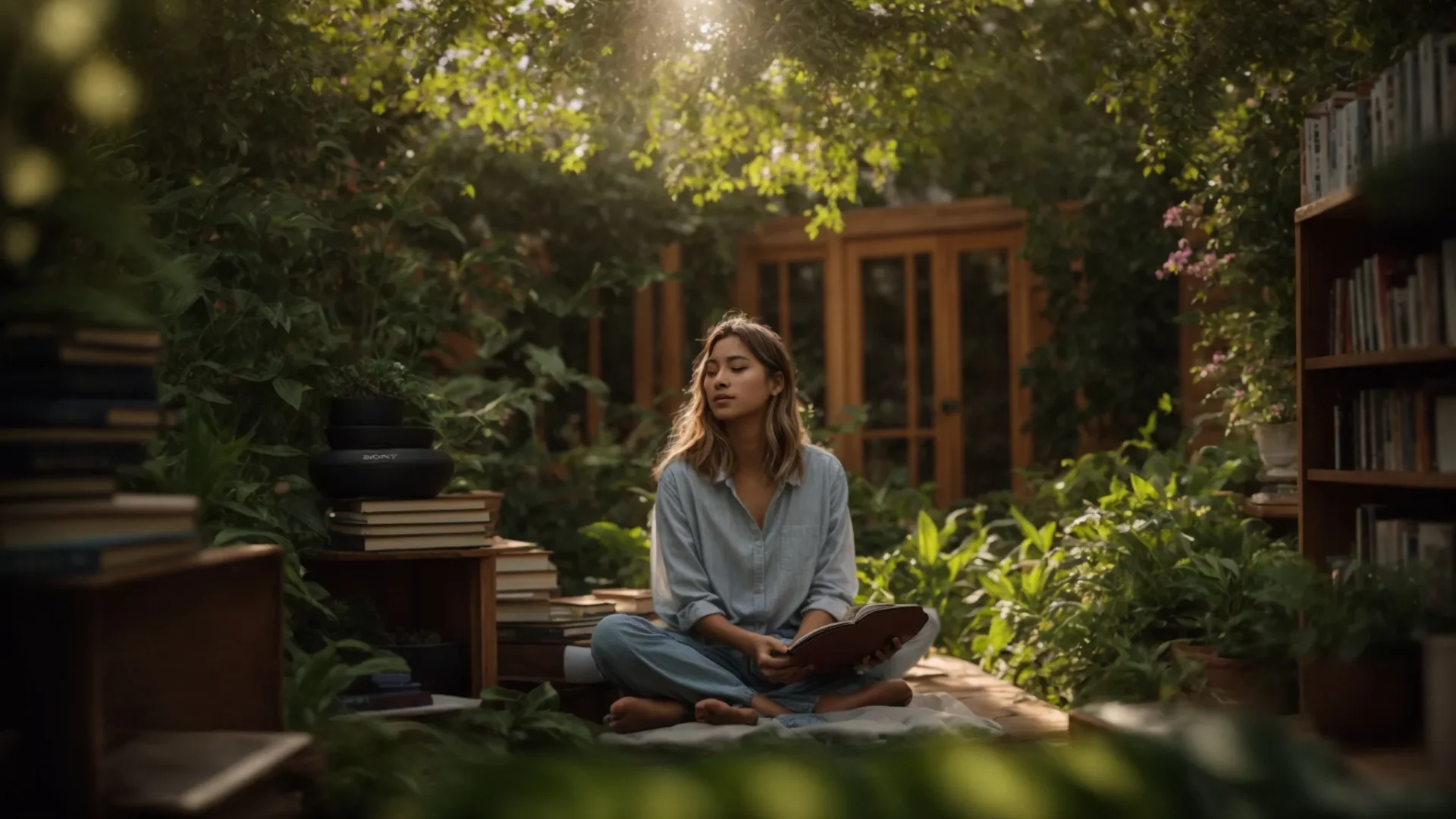 a person sitting in a peaceful garden, surrounded by books and plants, reflecting on their personal growth journey.