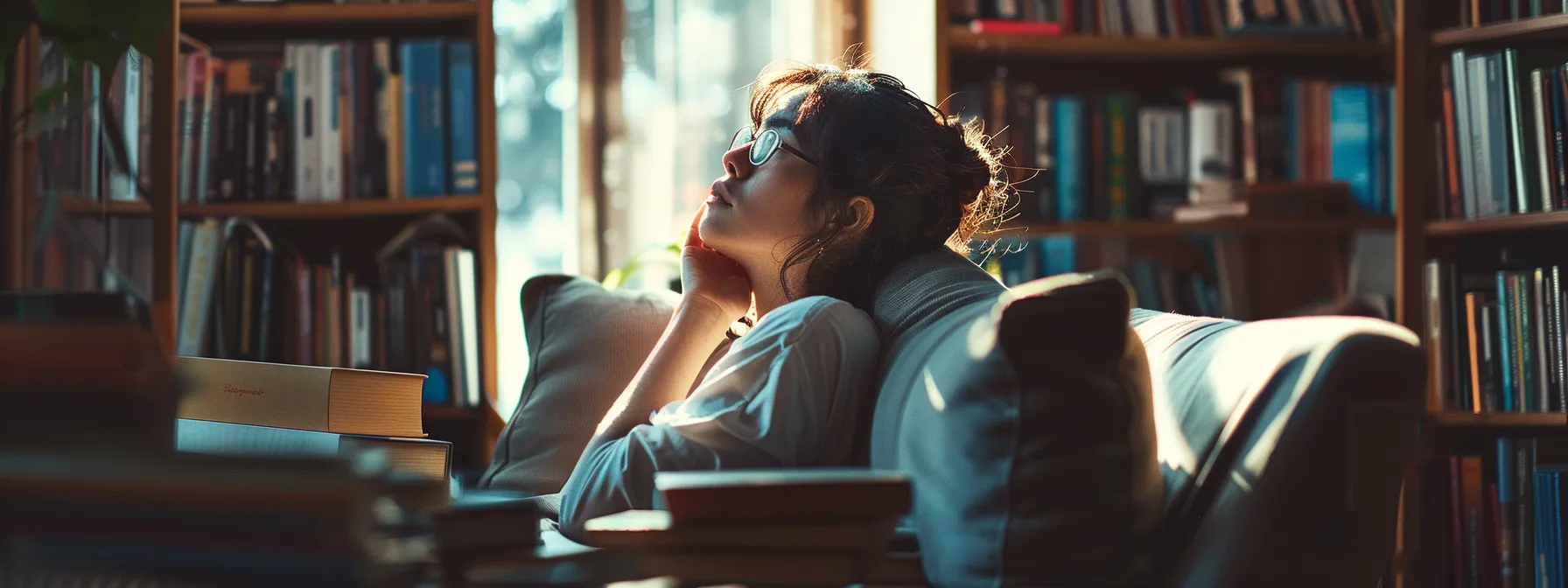 a person engaging in deep thought while surrounded by various books on psychology and personal development.