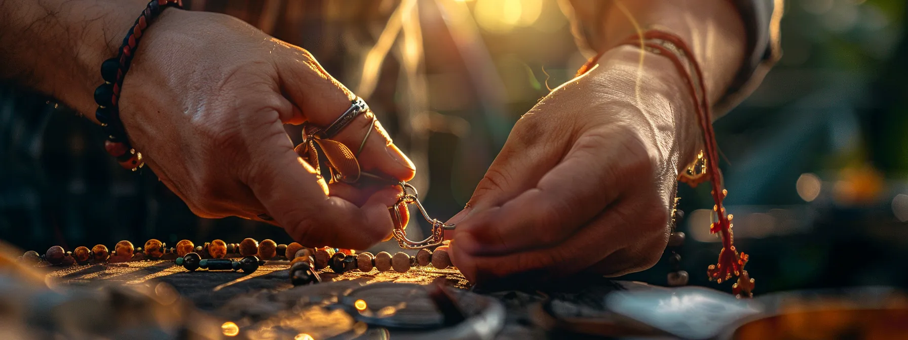 a person carefully removing a damaged clasp from a bracelet at home.