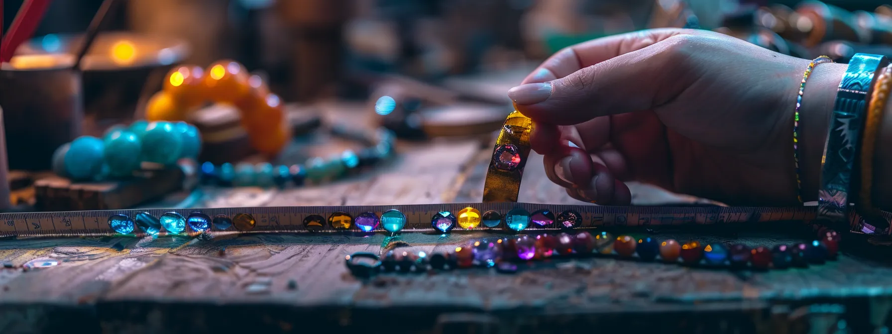 measuring wrist size with a flexible tape measure for custom fit gemstone bracelets.