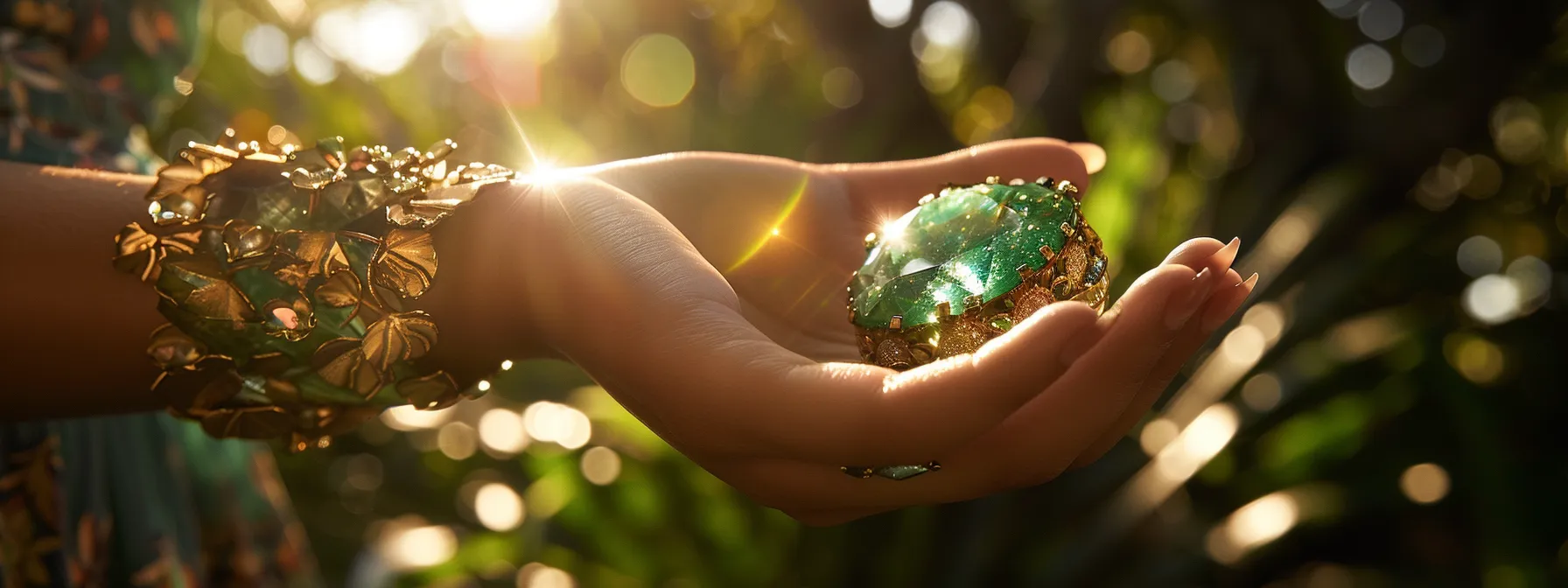 a person examining a stunning emerald bangle under bright sunlight.