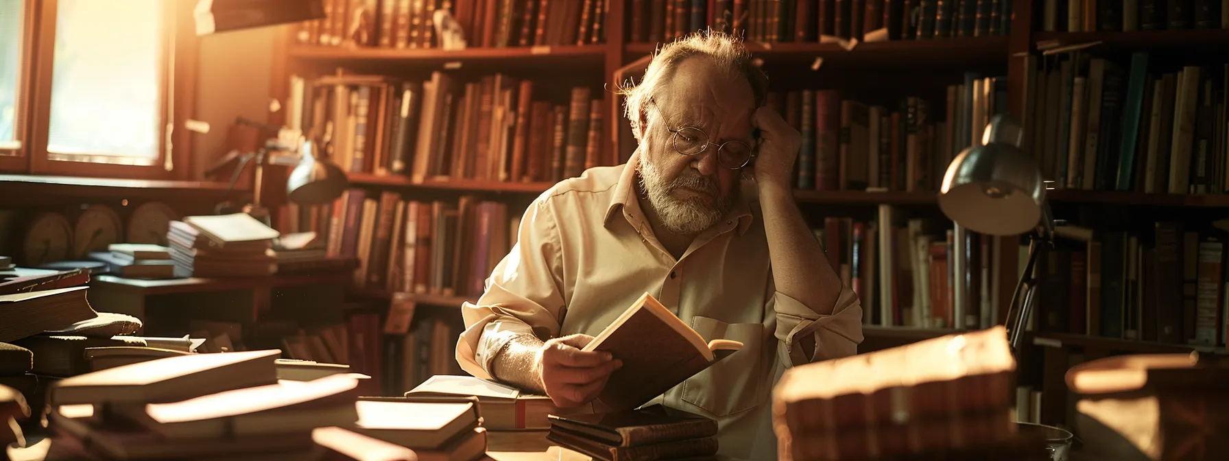 a man deep in thought, surrounded by books and papers, as he develops a new method of transformation.