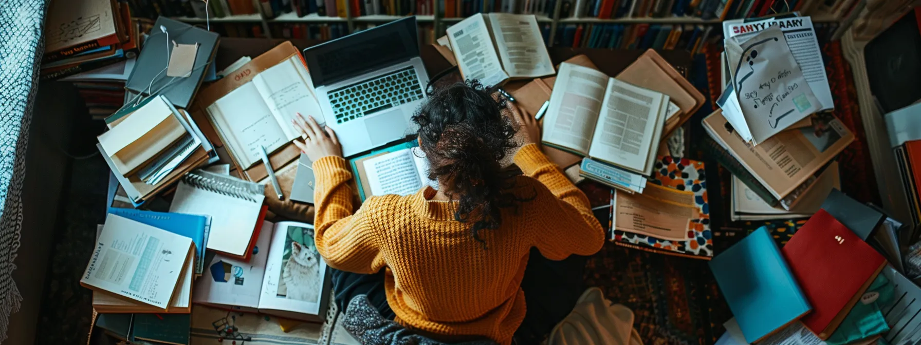 a person surrounded by books, notebooks, and a laptop, planning their personal development journey.