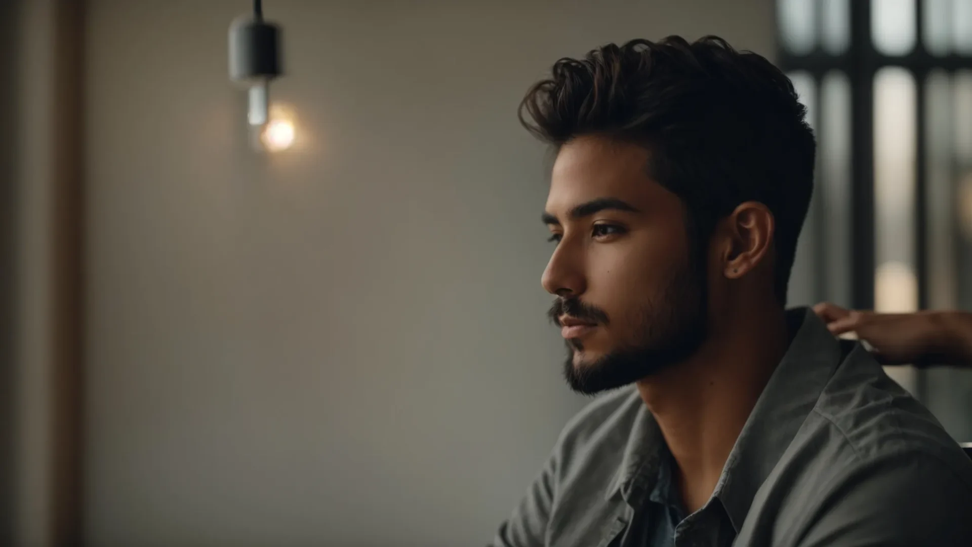 a person sitting in a chair with a thoughtful expression, listening intently to a mindset coach.