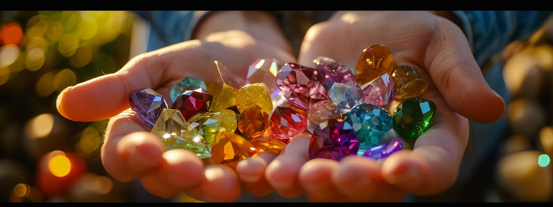 a person holding and admiring a collection of brightly colored gemstones, radiating confidence and self-esteem.