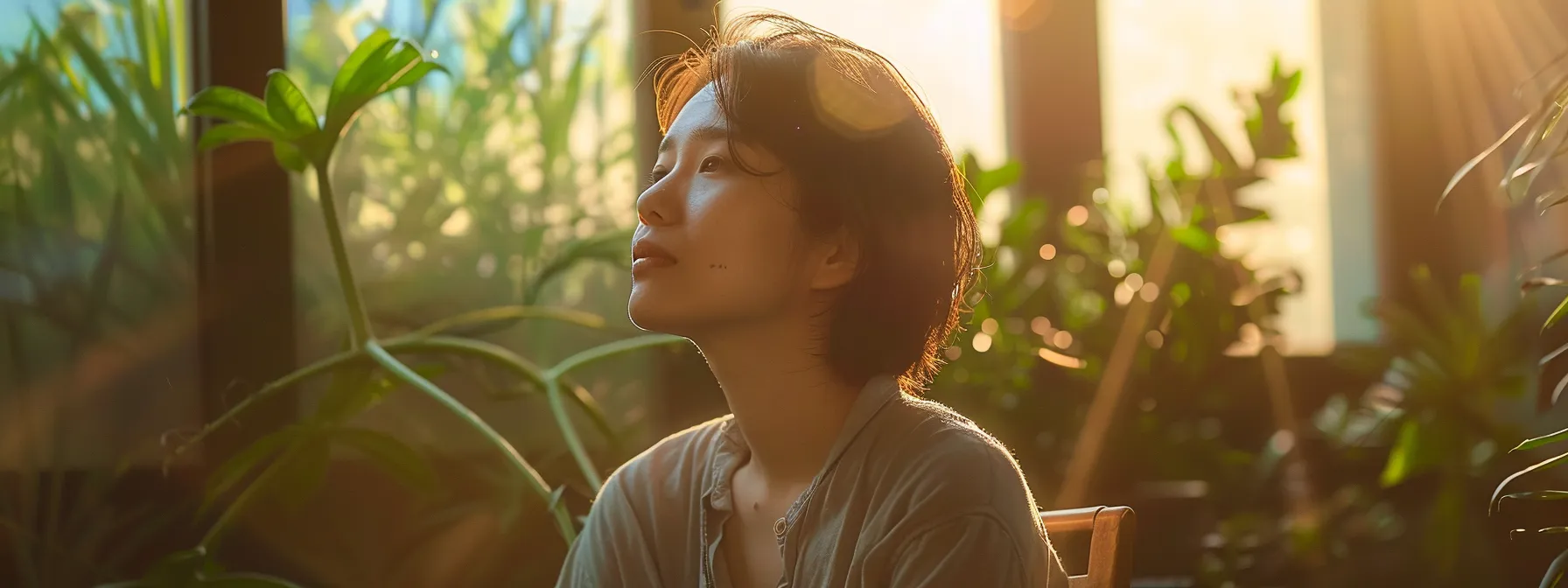 a person sitting in a peaceful setting, surrounded by greenery and sunlight, with a look of calm and contentment on their face.