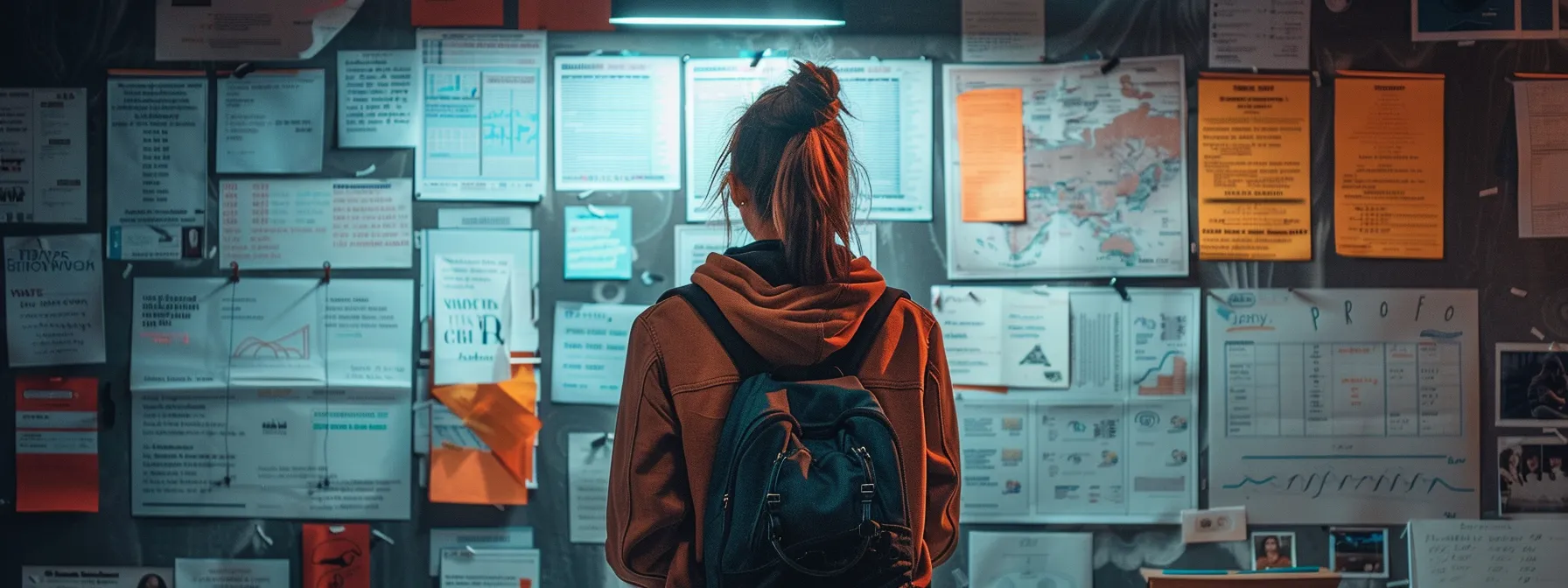 a person standing in front of a bulletin board filled with various personal development workshop posters.