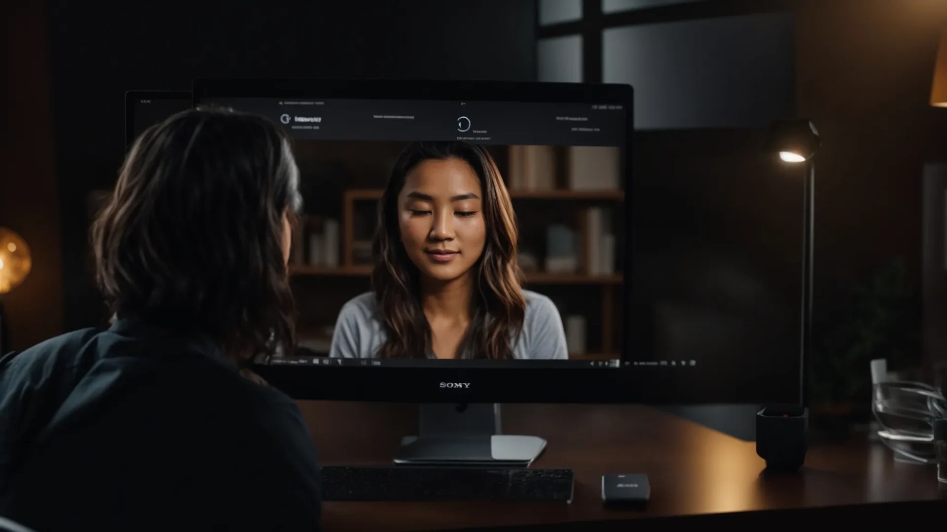 a person sitting in front of a computer, having a video call with a mindset coach during a trial session.