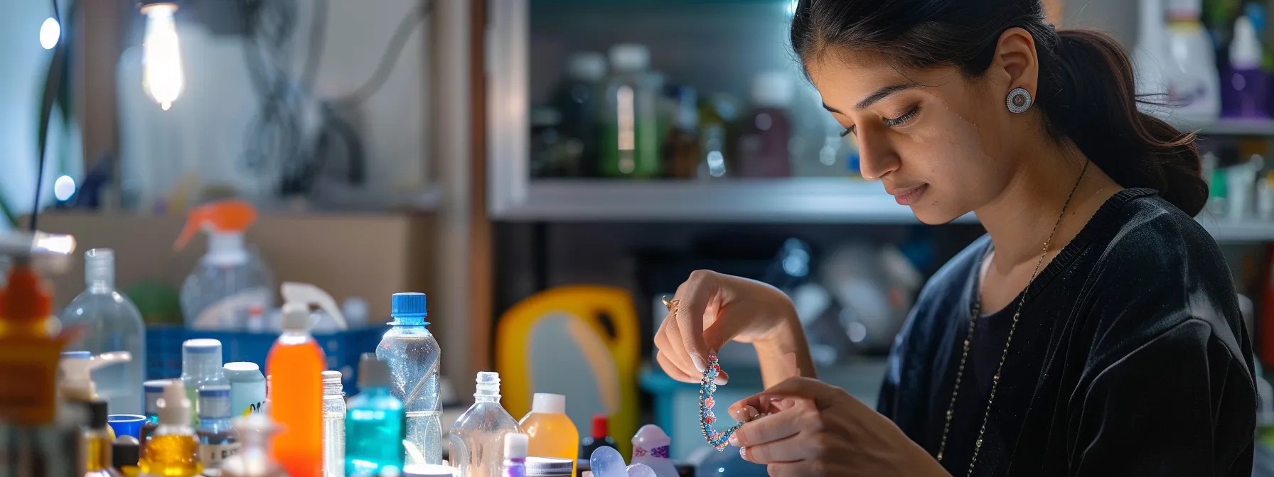 a woman carefully inspecting her gemstone bracelet while surrounded by various household cleaning products.