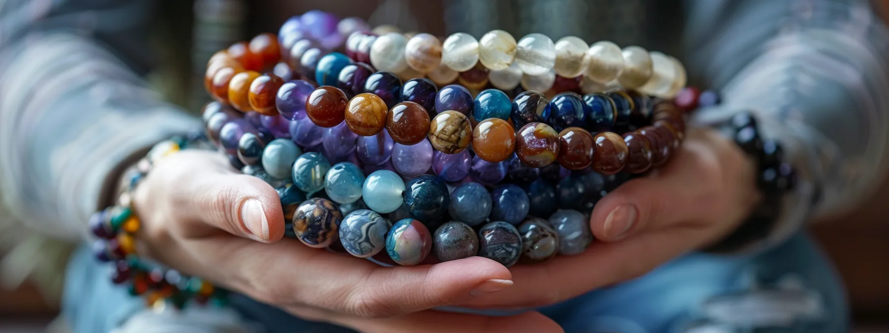 a person wearing a variety of gemstone bracelets, focusing on their healing properties and promoting emotional and physical well-being.