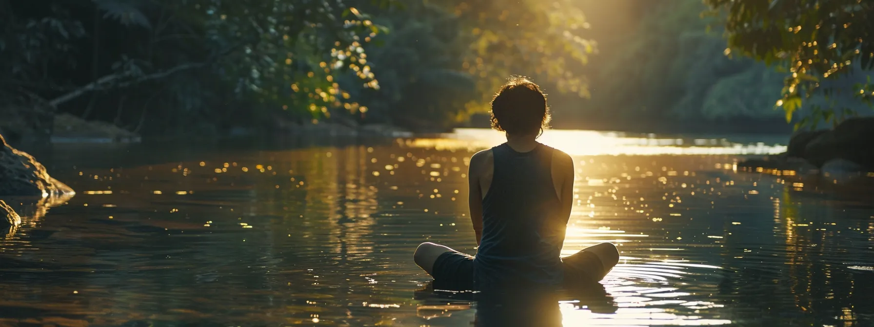 a person reflecting with a positive mindset and practicing gratitude in a peaceful natural setting.