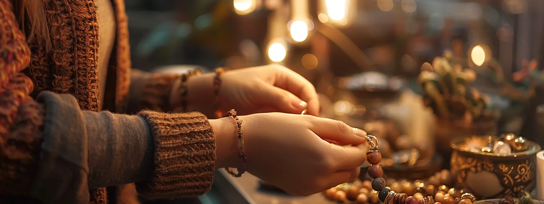 a person carefully selecting a unique and stylish toggle closure for their natural gemstone bracelet.